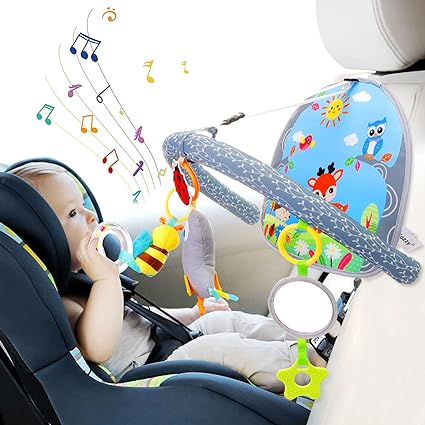 Baby Car Seat Toy, Car Seat Activity Toy for 6-12 Months, Baby Travel Toys for Car, Adjustable Activity Arch with Music, Mirror, Rattle, Teether Hanging Toy for Baby